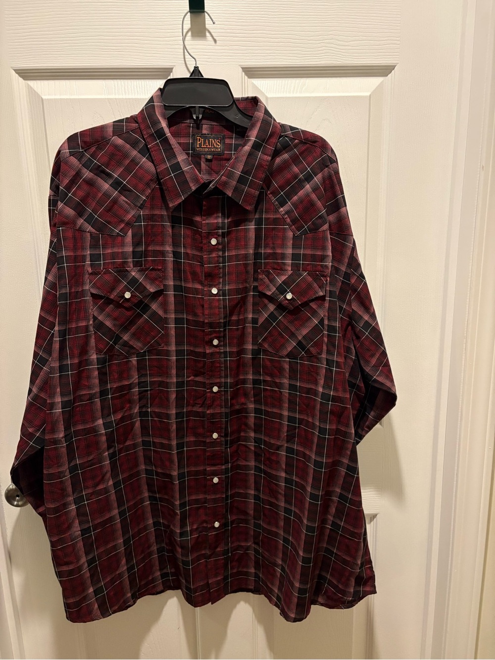 Plains Westernware Black and Burgundy Plaid Western Shirt Pearl Snaps